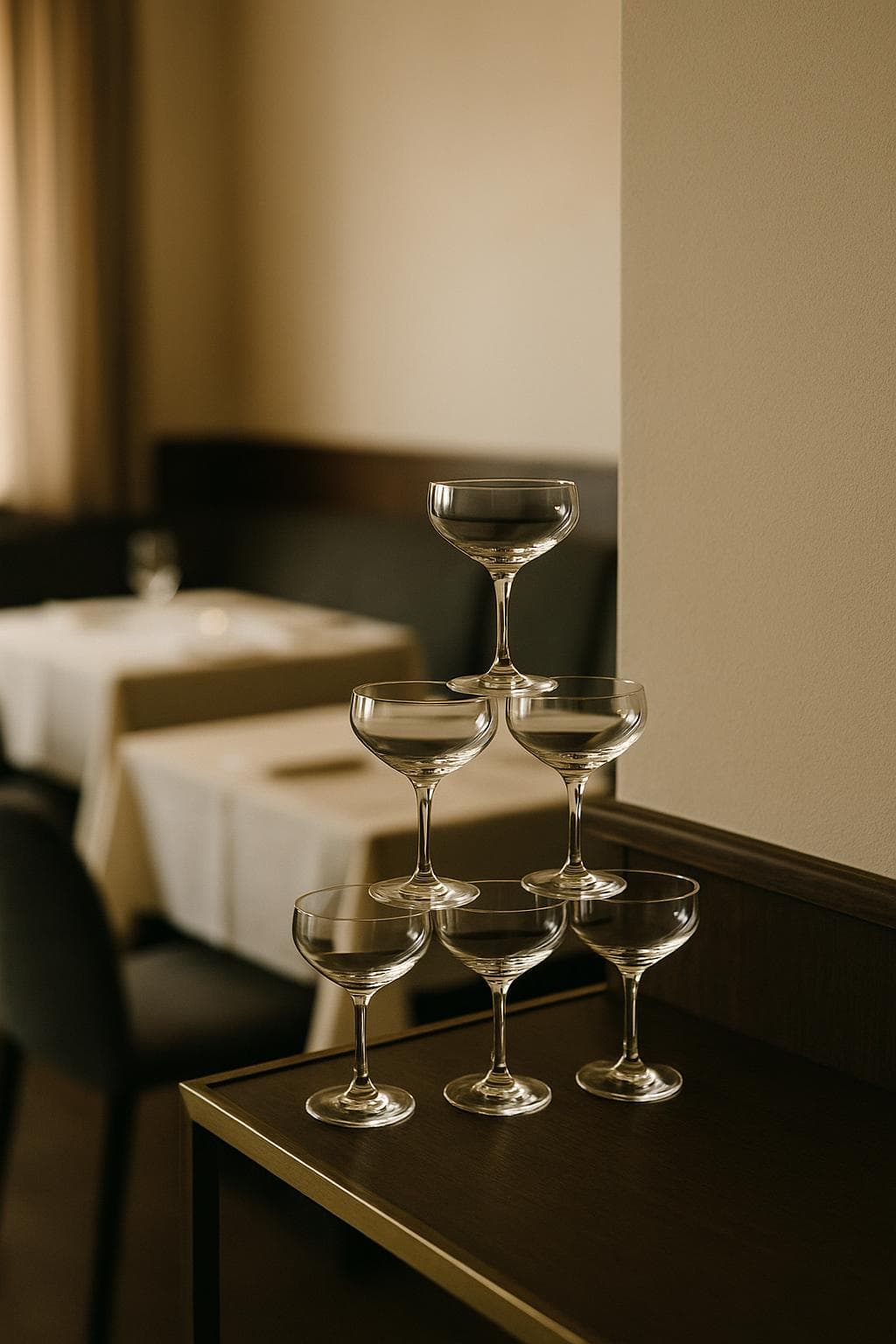 A pyramid of coupe glasses stacked on a side table before a party, with dressed tables and banquette seating in the room behind.