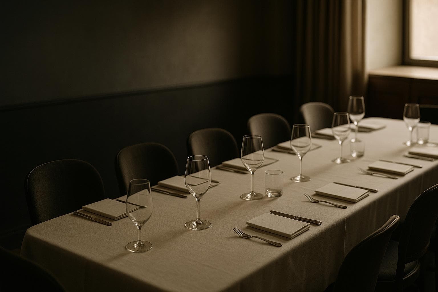 A long private-dining table laid for a party — glassware, folded napkins and squared covers down its length, in a quiet room before service.